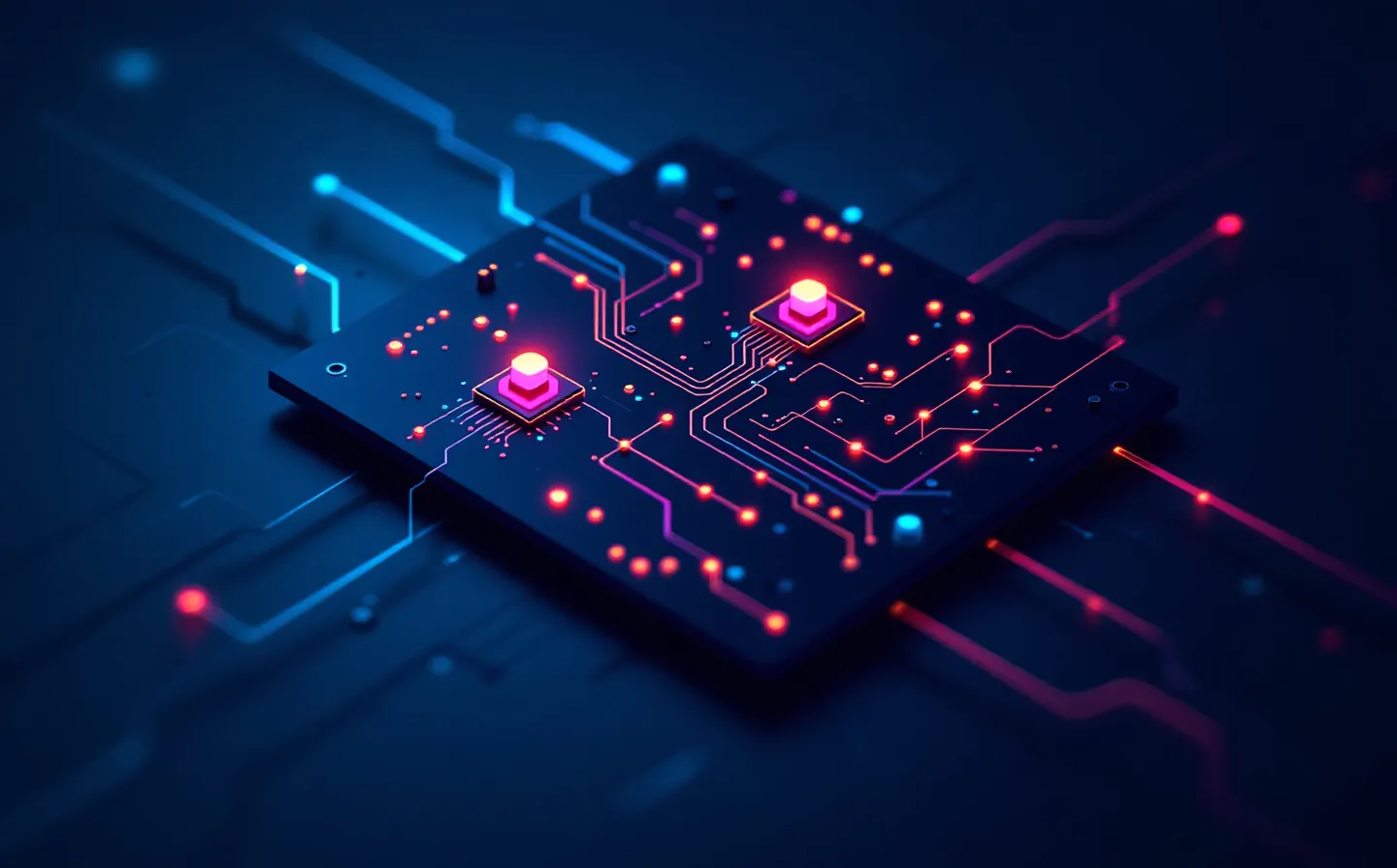 Abstract circuit-board illustration with four lit nodes wired together, one trace broken